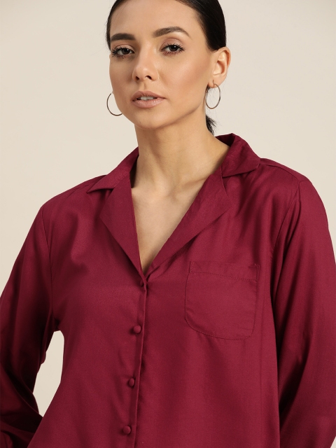 

her by invictus Women Maroon Solid High-Low Casual Sustainable ECOVERO Shirt