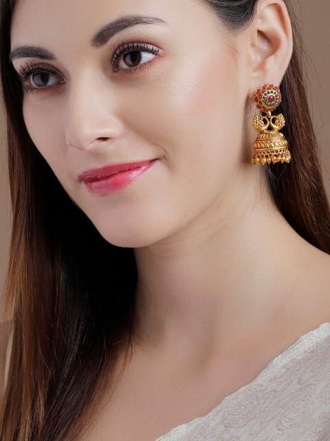 

Rubans Gold-Plated & Red Peacock Shaped Jhumkas