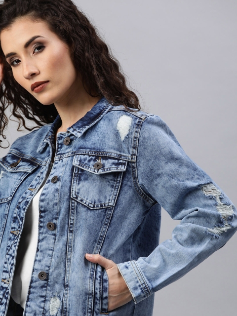 

Roadster Women Blue Solid Distressed Denim Jacket