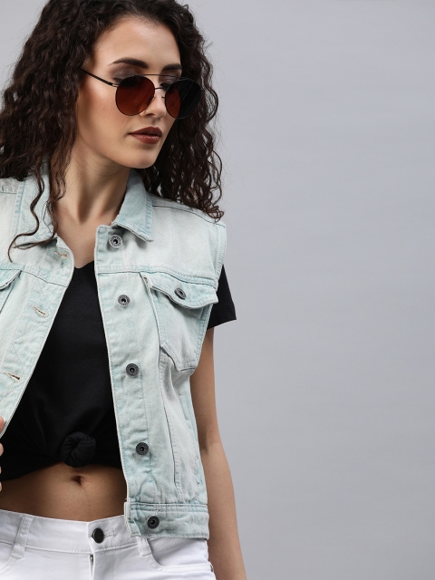 

Roadster Women Blue Solid Sleeveless Denim Jacket