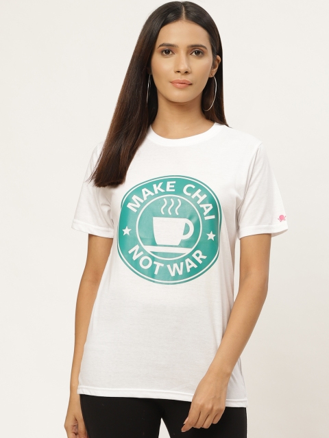 

PRINTOCTOPUS Women White & Teal Green Printed Round Neck T-shirt