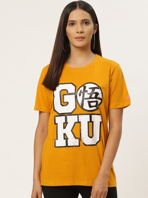 

PRINTOCTOPUS Women Mustard Yellow & White Printed Round Neck T-shirt