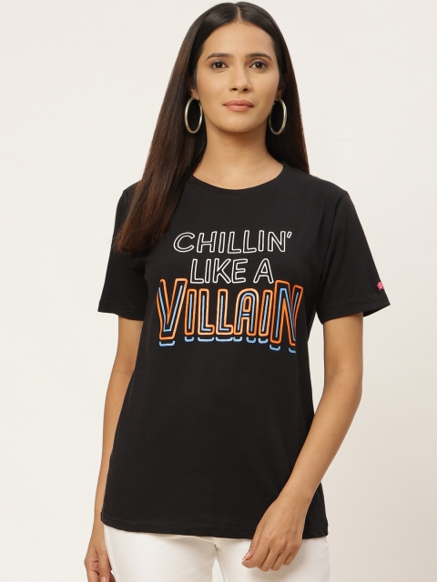 

PRINTOCTOPUS Women Black Printed Round Neck T-shirt