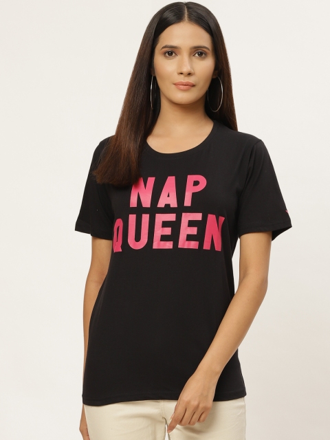 

PRINTOCTOPUS Women Black & Pink Printed Round Neck T-shirt