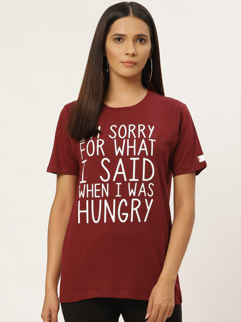 

PRINTOCTOPUS Women Maroon & White Printed Round Neck T-shirt
