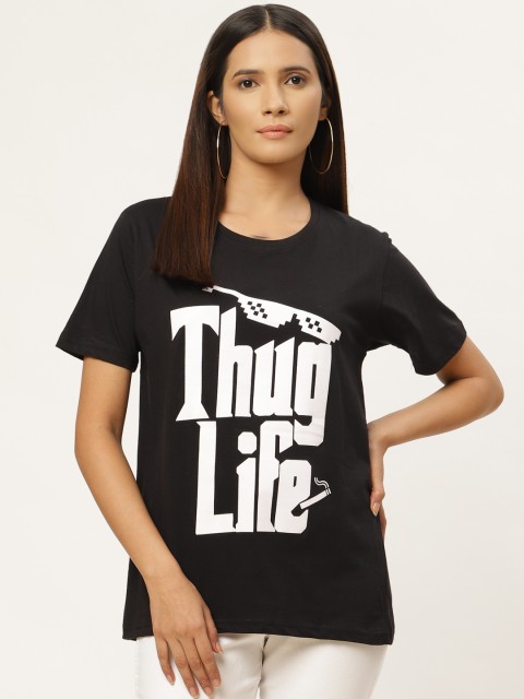 

PRINTOCTOPUS Women Black & White Printed Round Neck T-shirt