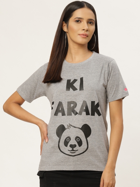 

PRINTOCTOPUS Women Grey Melange & Black Printed Round Neck T-shirt