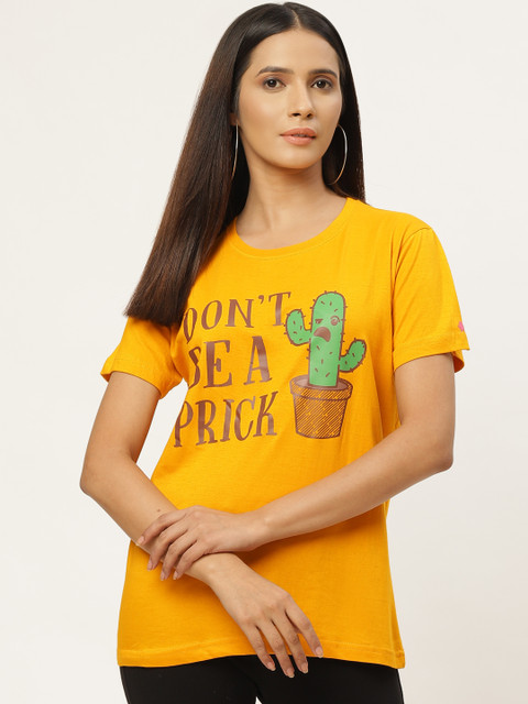 

PRINTOCTOPUS Women Mustard Yellow & Green Printed Round Neck T-shirt