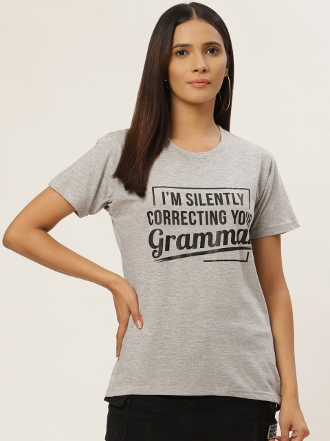 

PRINTOCTOPUS Women Grey Melange & Black Printed Round Neck T-shirt