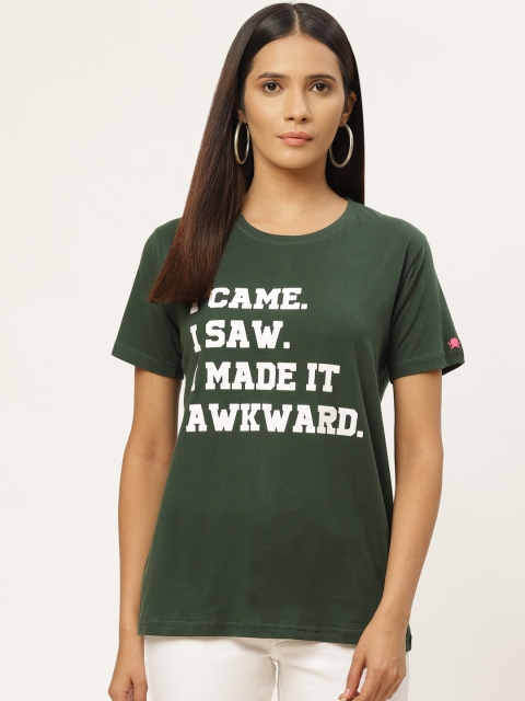 

PRINTOCTOPUS Women Green & White Printed Round Neck T-shirt