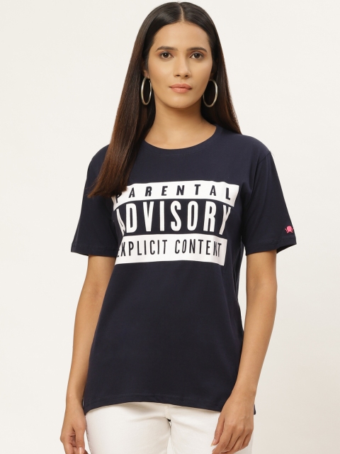 

PRINTOCTOPUS Women Navy Blue & White Printed Round Neck T-shirt