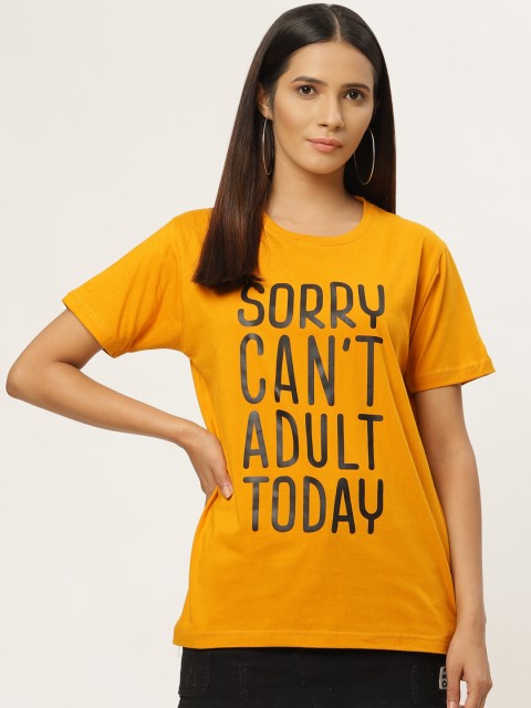 

PRINTOCTOPUS Women Mustard Yellow & Black Printed Round Neck T-shirt