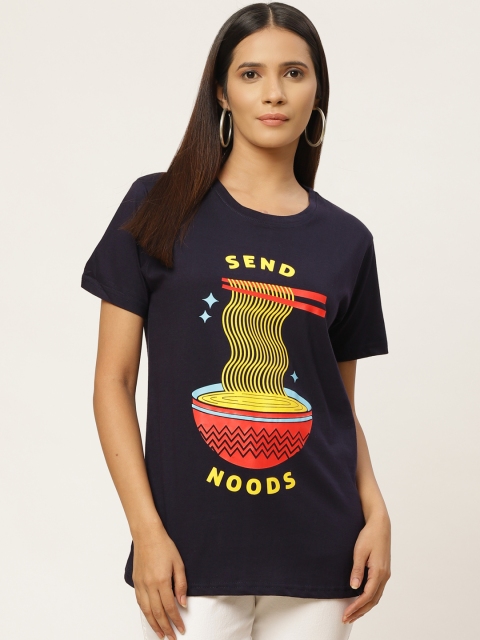 

PRINTOCTOPUS Women Navy Blue & Yellow Printed Round Neck T-shirt