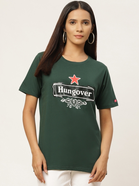 

PRINTOCTOPUS Women Green Printed Round Neck T-shirt