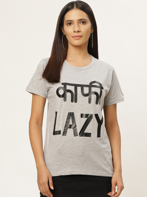 

PRINTOCTOPUS Women Grey Melange & Black Printed Round Neck T-shirt