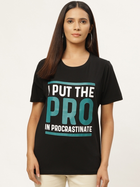 

PRINTOCTOPUS Women Black & Green Printed Round Neck T-shirt