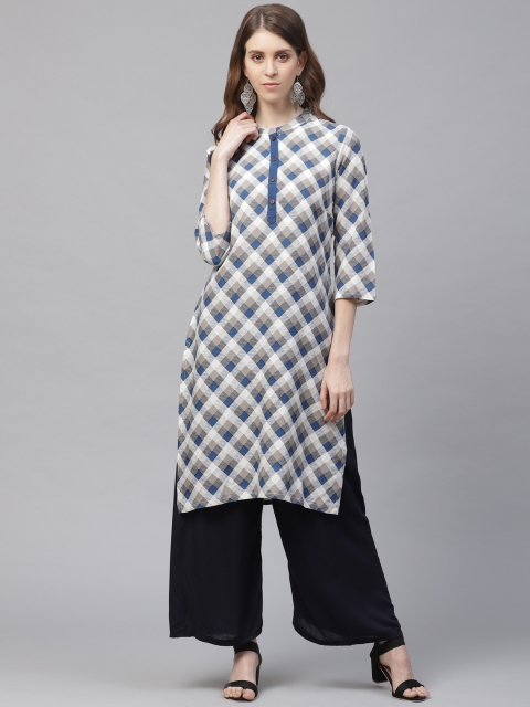 

clorals Women White & Blue Printed Straight Kurta
