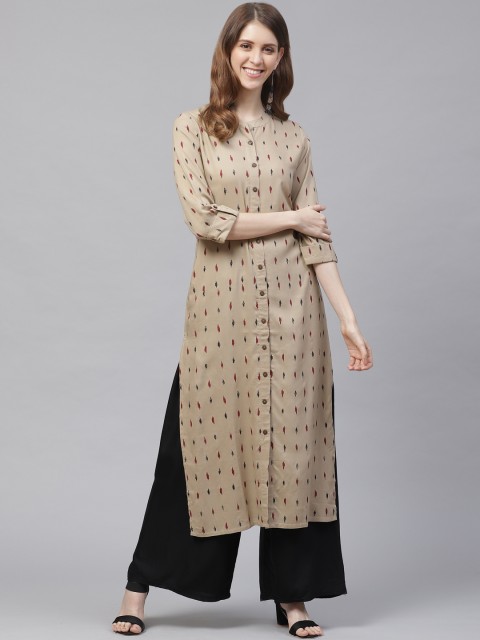 

clorals Women Beige & Black Printed Straight Kurta