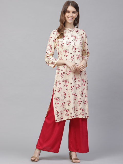 

clorals Women Cream-Coloured & Pink Floral Printed Straight Kurta