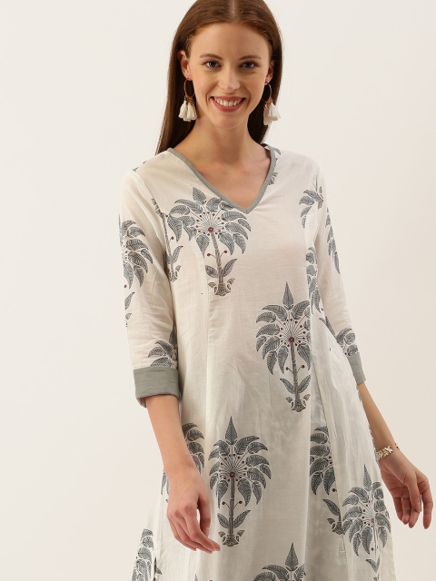 

Taavi Women White & Grey Hand Block Print Legacy Paneled A-Line Sustainable Kurta with Palazzos
