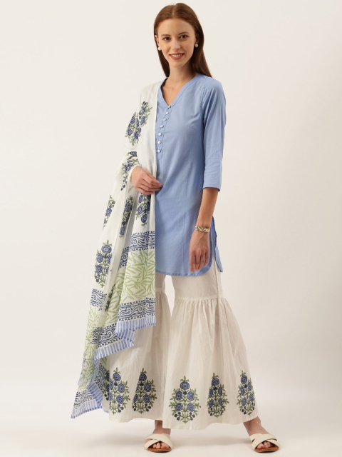 

Taavi Women Blue Sanganeri Block Print Straight Sustainable Kurta with Sharara & Dupatta