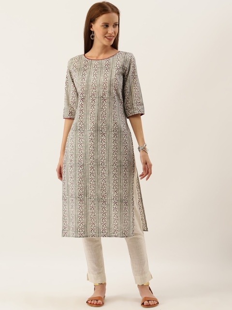 

Taavi Women White & Grey Sanganeri Block Print Straight Sustainable Kurta