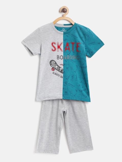 

Sweet Dreams Boys Teal Blue & Grey Melange Printed Night Suit