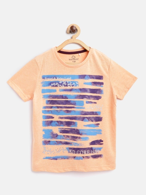 

Sweet Dreams Boys Peach-Coloured & Blue Striped Round Neck T-shirt