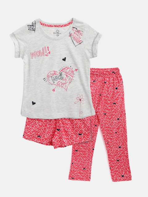 

Sweet Dreams Girls 3 Pc Grey Melange & Pink Heart Print Night Suit Set