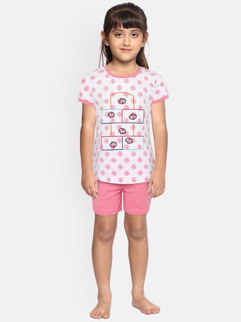 

Sweet Dreams Girls White & Pink Polka Dot Print Night suit with Applique Detail