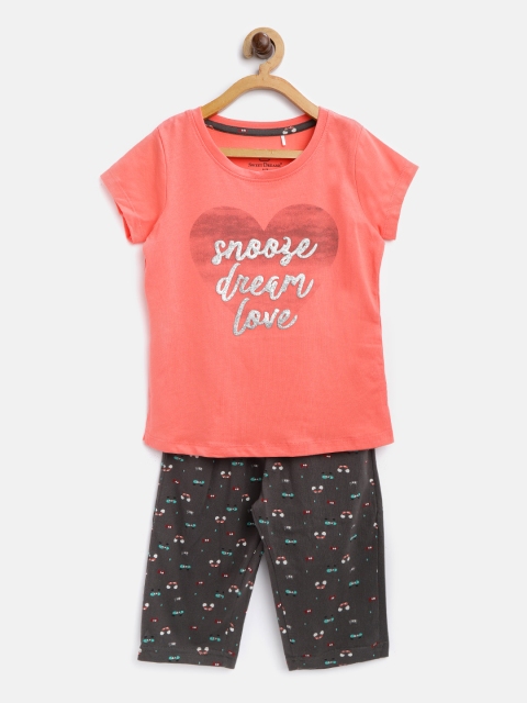 

Sweet Dreams Girls Coral Pink & Charcoal Grey Printed Night suit