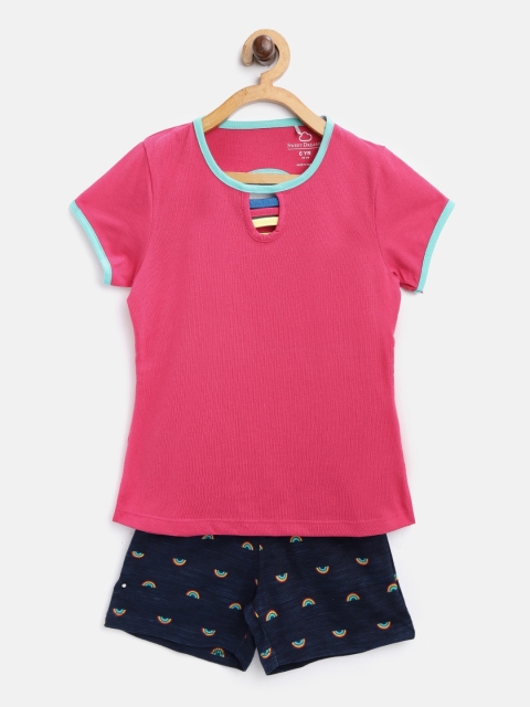 

Sweet Dreams Girls Pink & Navy Blue Rainbow Print Night suit
