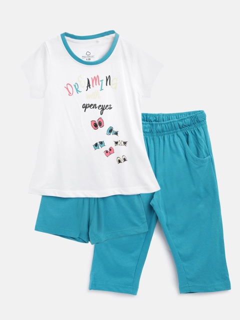 

Sweet Dreams Girls 3 Pc White & Blue Typography Print Night Suit Set