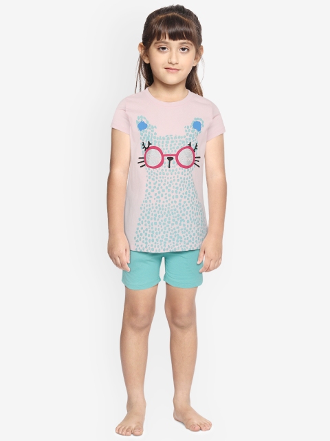

Sweet Dreams Girls Pink & Sea Green Graphic Print Night suit