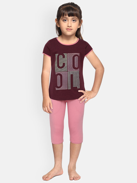 

Sweet Dreams Girls Maroon & Pink Printed Night suit