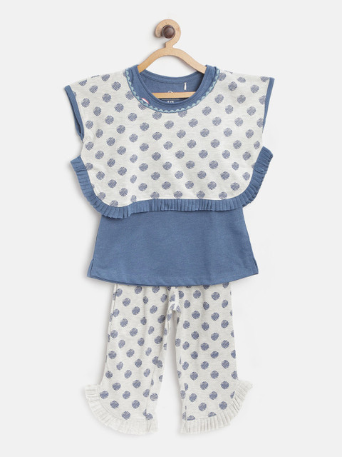 

Sweet Dreams Girls 3 Pc Blue & Grey Melange Printed Night Suit Set