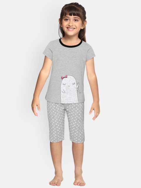 

Sweet Dreams Girls Grey Melange & White Printed Night suit