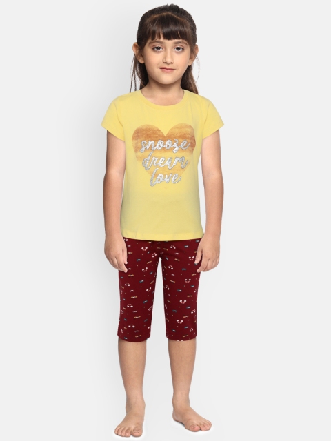 

Sweet Dreams Girls Yellow & Burgundy Printed Night Suit