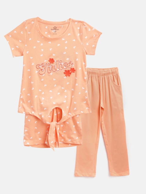 

Sweet Dreams Girls 3 Pc Peach & White Heart Print Night Suit Set