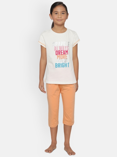

Sweet Dreams Girls White & Coral Orange Printed Night suit