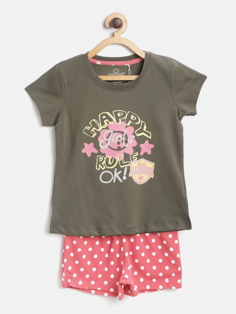 

Sweet Dreams Girls Olive Green & Pink Printed Night suit