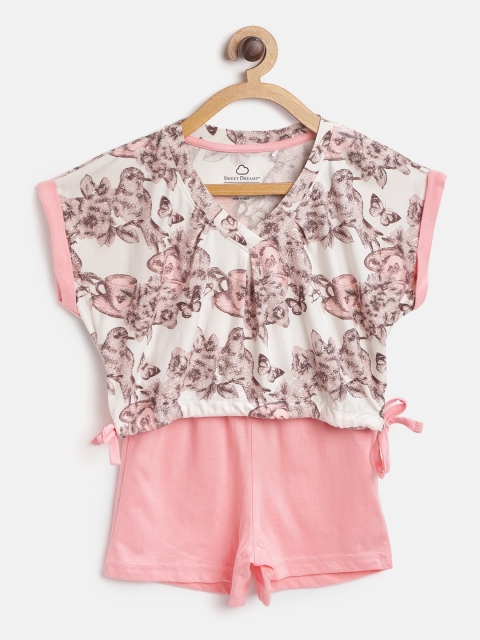 

Sweet Dreams Girls White & Pink Floral Print Night suit