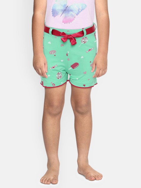 

Sweet Dreams Girls Green & Pink Conversational Print Lounge Shorts With Belt