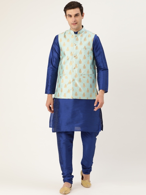 Men Blue Solid Kurta with Churidar & Nehru Jacket