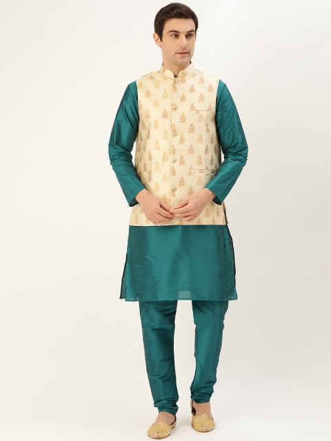 Men Teal Blue & Cream-Coloured Solid Kurta with Churidar & Nehru Jacket