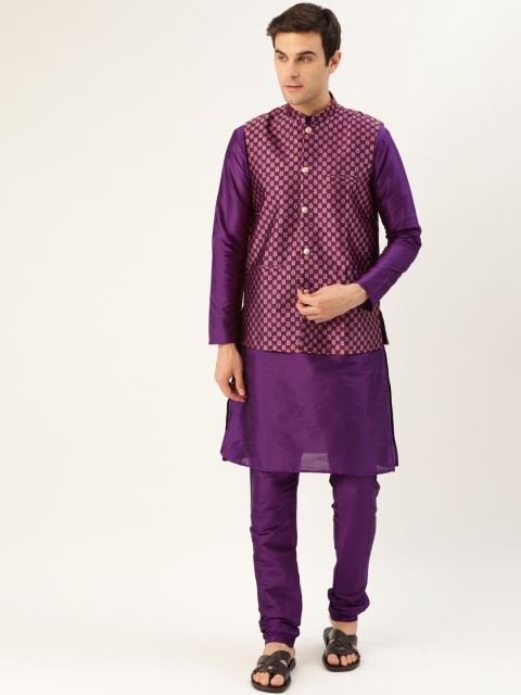 

SOJANYA Men Purple & Golden Solid Kurta with Churidar & Nehru Jacket