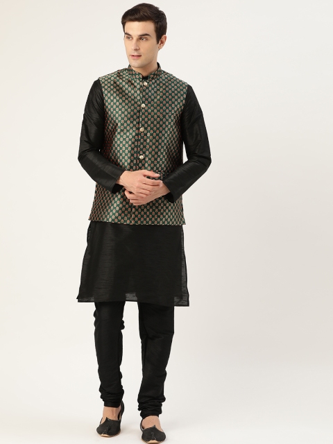 

SOJANYA Men Black & Green Solid Kurta with Churidar & Nehru Jacket