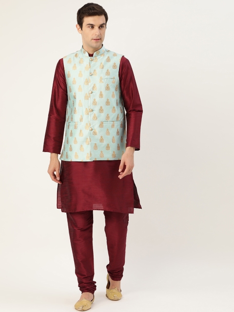 Men Maroon & Blue Solid Kurta with Churidar & Nehru Jacket