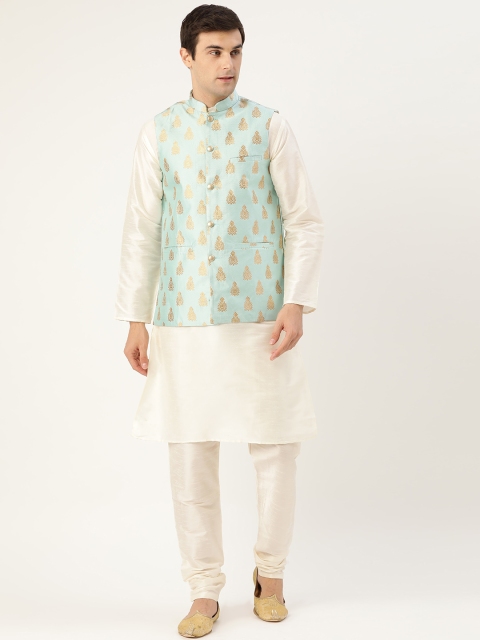 Men Off-White & Blue Solid Kurta & Churidar with Woven Design Nehru Jacket
