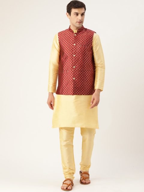 

SOJANYA Men Golden & Maroon Solid Kurta with Churidar & Nehru Jacket, Gold